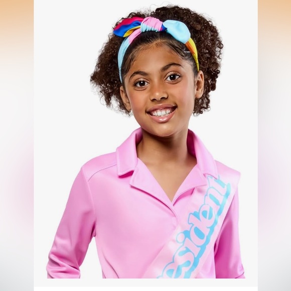 NWT Girls Barbie Movie President Barbie Costume Jumpsuit with Headband and Sash - Picture 3 of 10